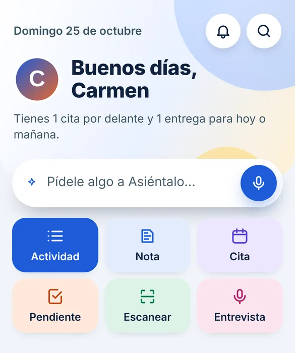 Pantalla de inicio de la app Asiéntalo